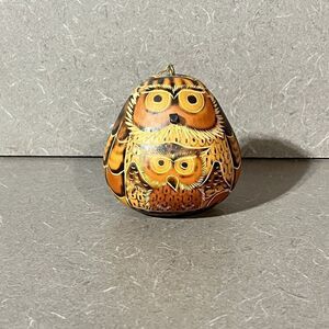 Owl Peru Carved Gourd 3" Ornament Folk Art Hand Painted Dried Mate Bird